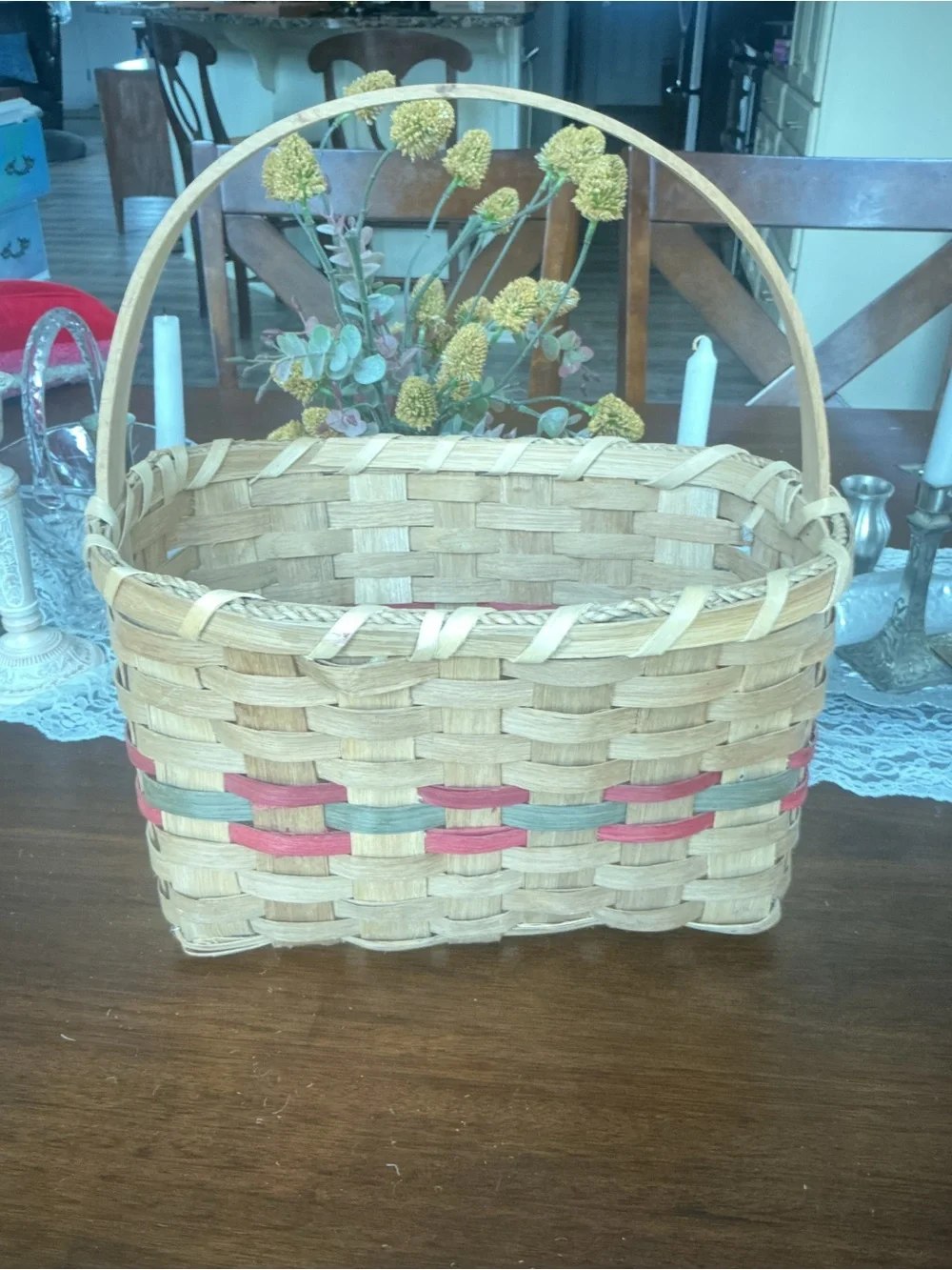 Vintage Woven Splint Market Gathering Basket Dyed Red Green Band Farmhouse Decor